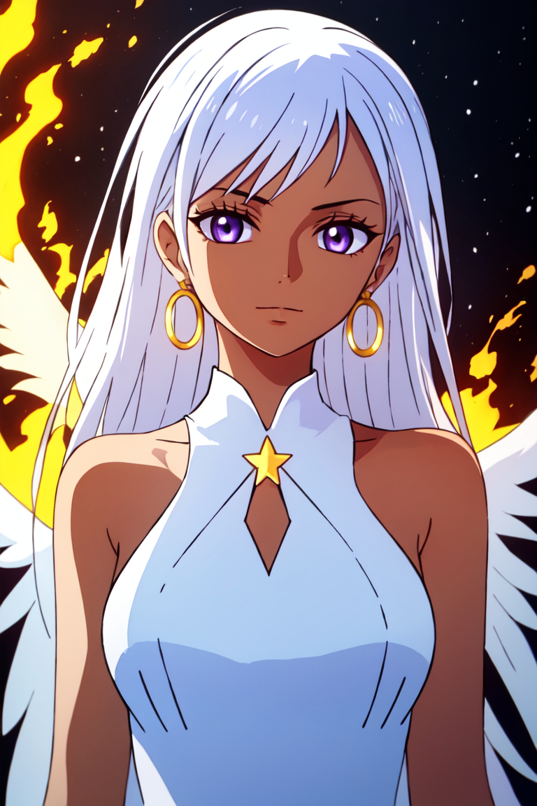 1girl, wanostyle, white_hair, fire, a girl with white hair and blue eyes wearing a white dress and black wings in front of...